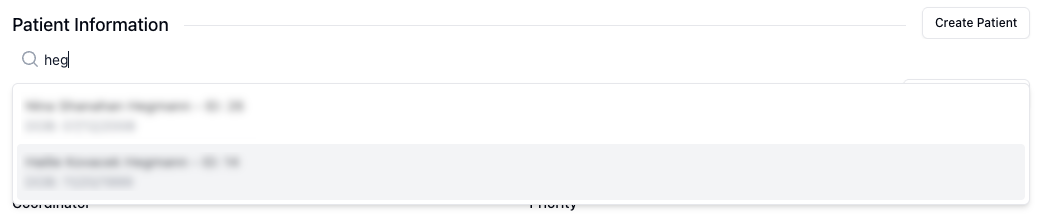 Patient search field with dropdown showing matching patients with blurred PII
