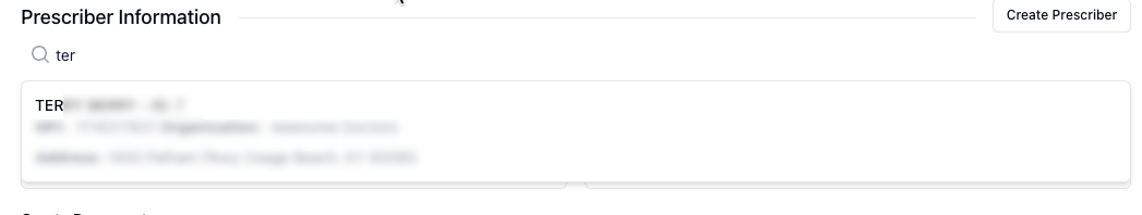 Prescriber search field with dropdown showing matching prescribers with PII/PHI blurred