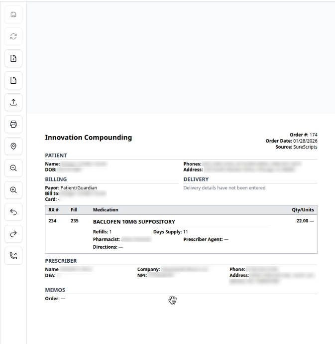 Prescription Document Viewer showing uploaded document with toolbar controls