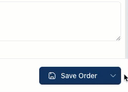 Cursor clicking on the Save Order dropdown showing Make Draft and Cancel Order options