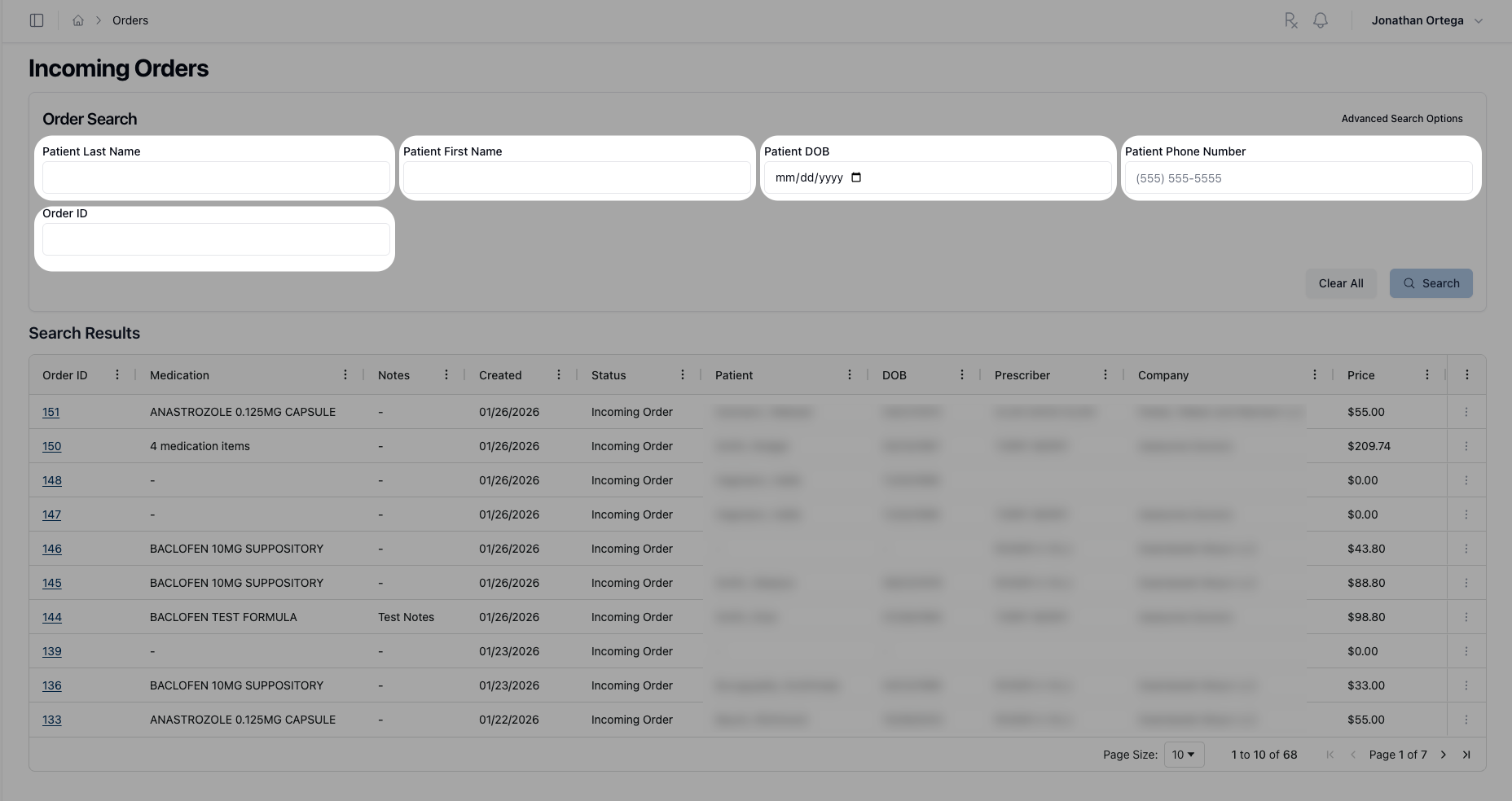 Search Panel with basic search fields highlighted: Patient Last Name, Patient First Name, Patient DOB, Patient Phone Number, and Order ID