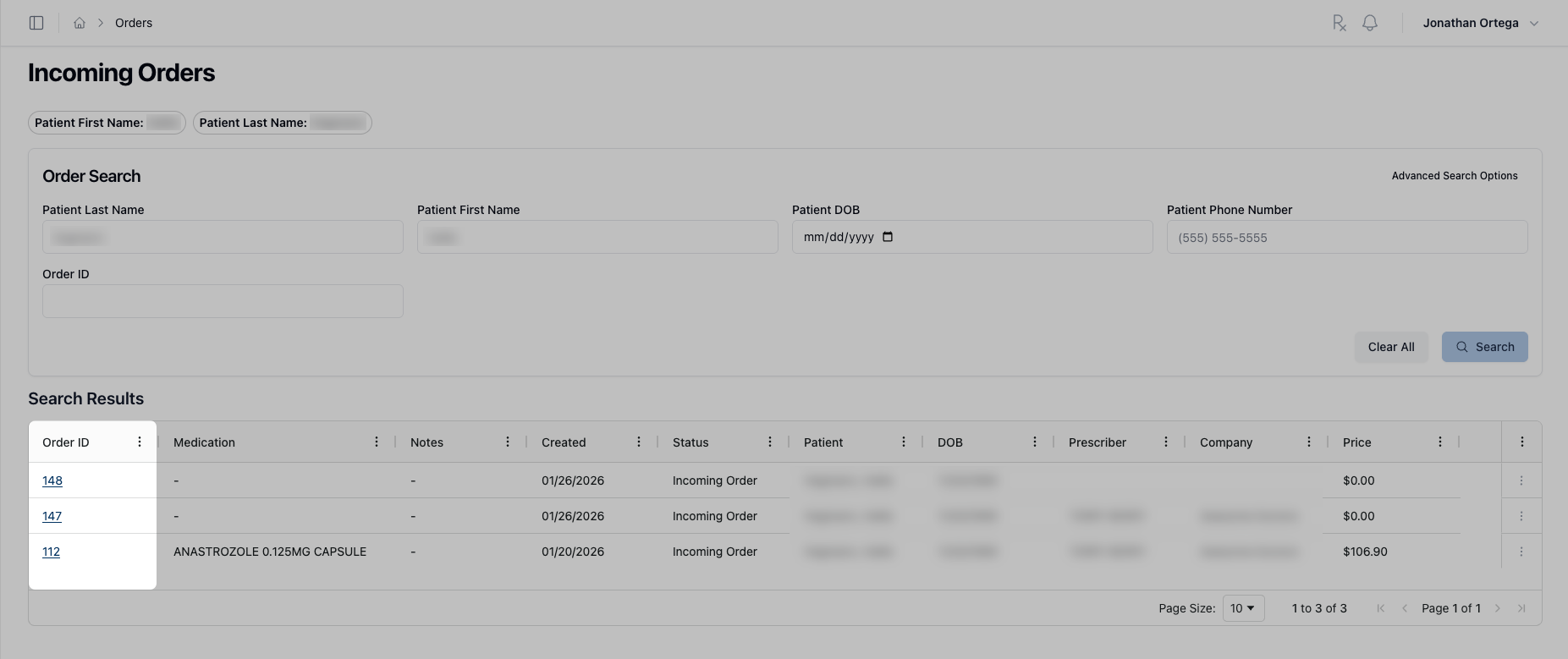 Results Table with Order ID column highlighted showing clickable order links