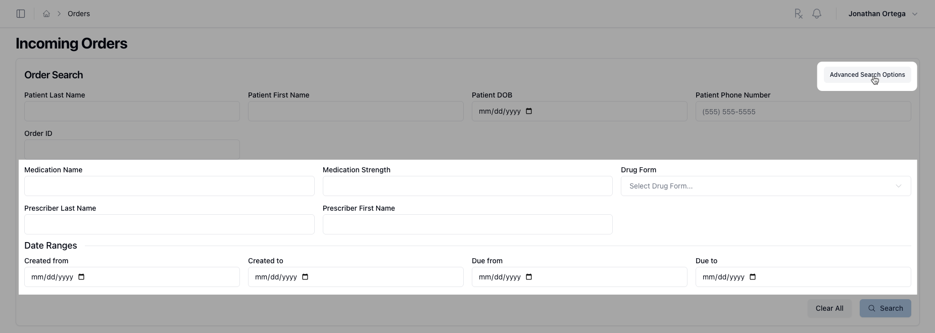 Advanced Search Options expanded showing medication, prescriber, and date range fields
