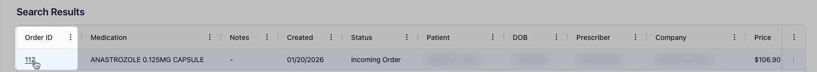 Results Table row with Order ID link highlighted showing cursor click