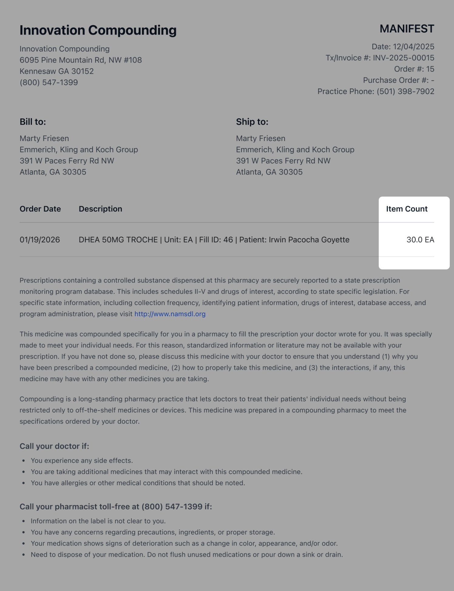 Invoice document hiding pricing details of an order
