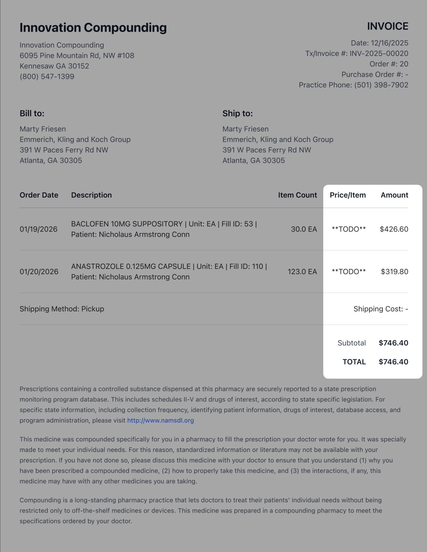 Invoice document showing full order and pricing details