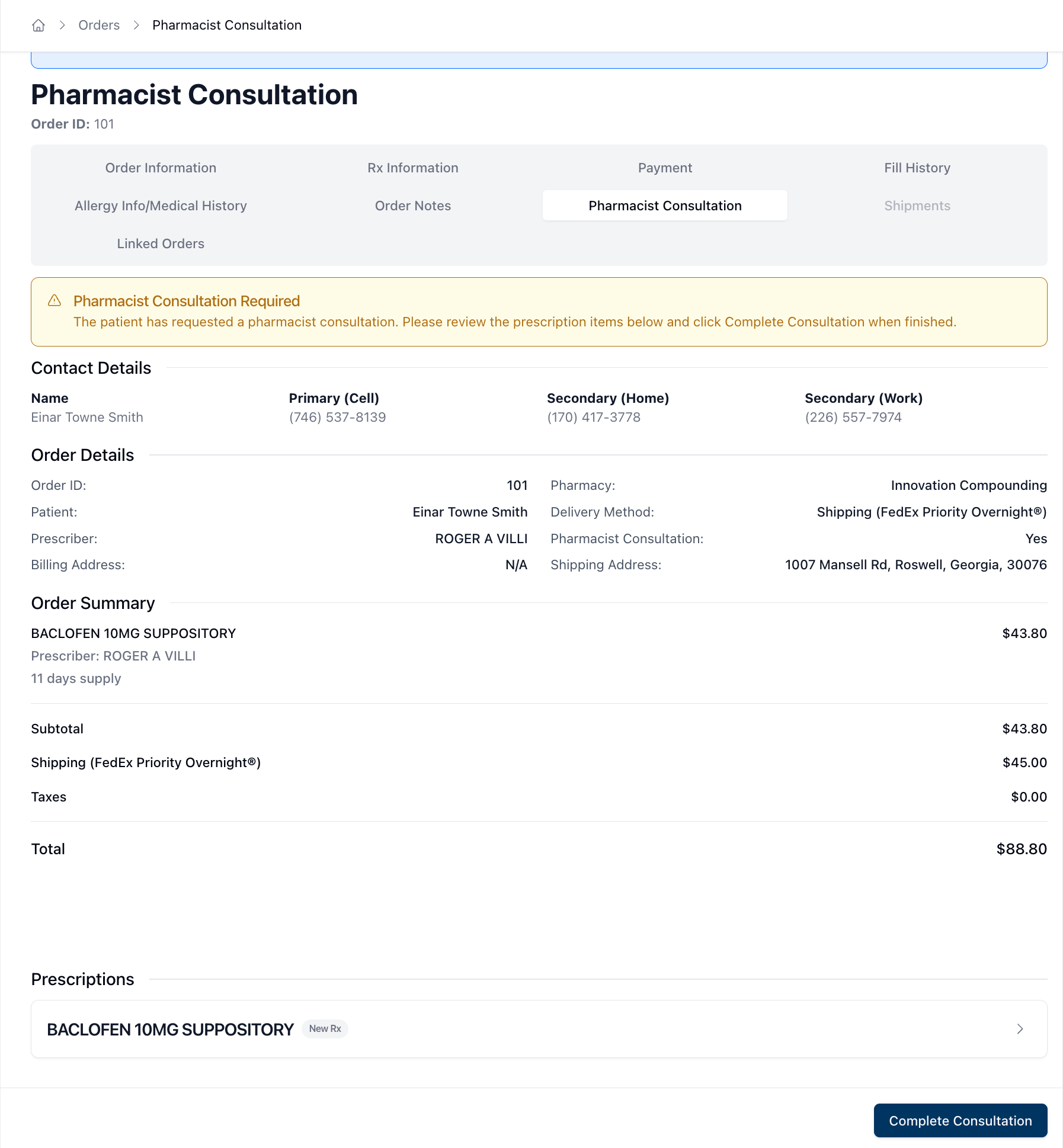 Pharmacist Consultation view with full order details