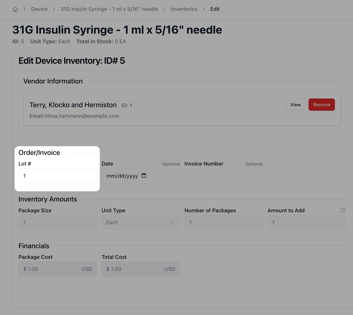 Device Inventory image showing the addition of the Lot # field