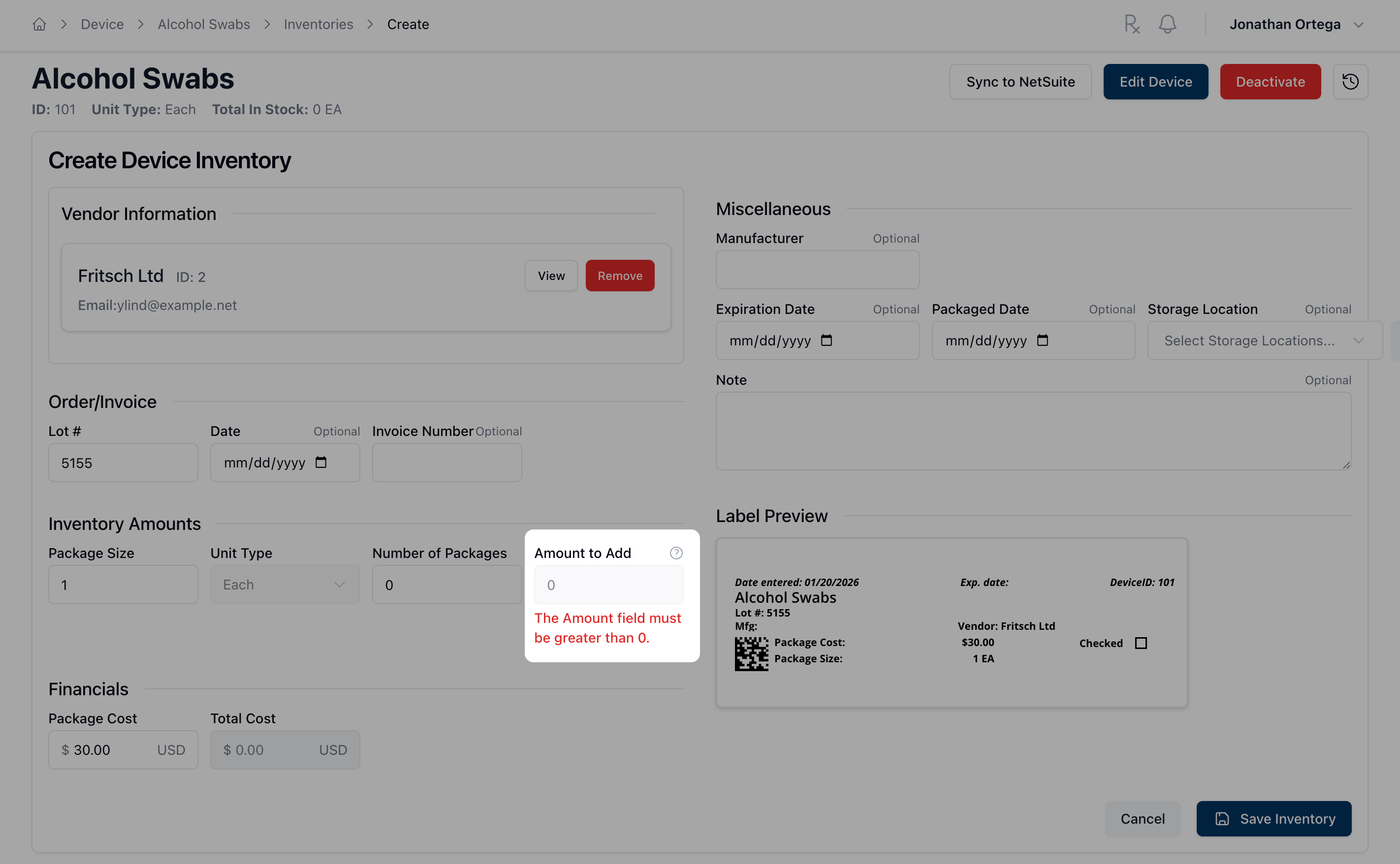 Device inventory amount displaying an error due to "Amount to Add" not being greater than zero