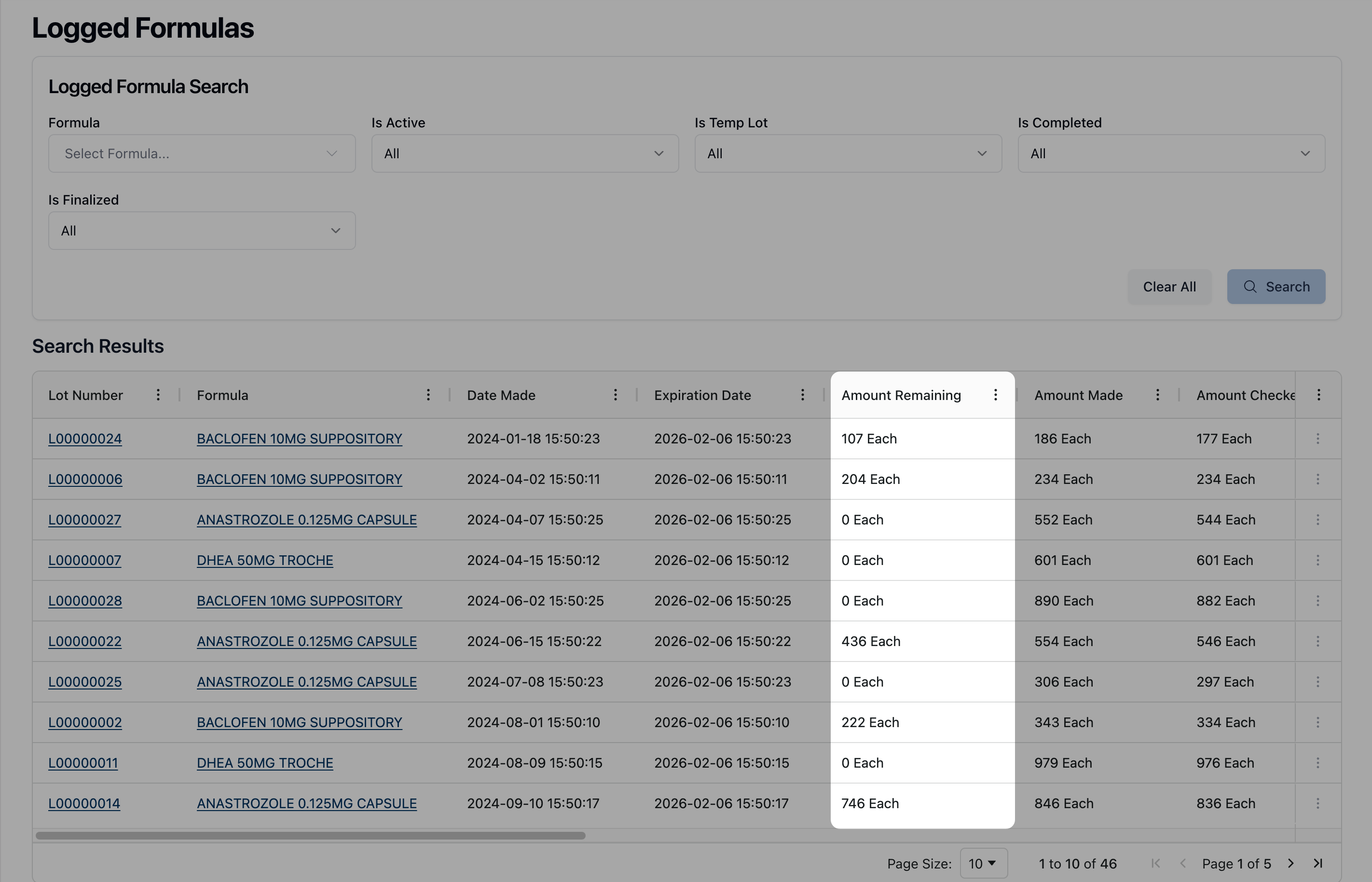 Table of logged formulas showing that the Amount Remaining column has been reordered to display before the Amount Made column