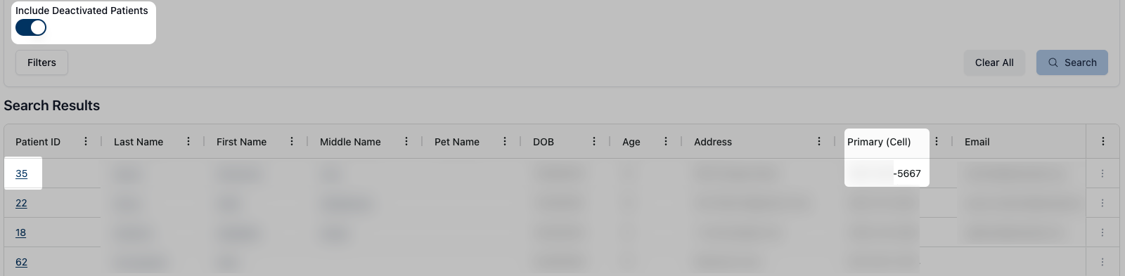 Patients list with Include Deactivated Patients toggled on, showing a deceased patient
