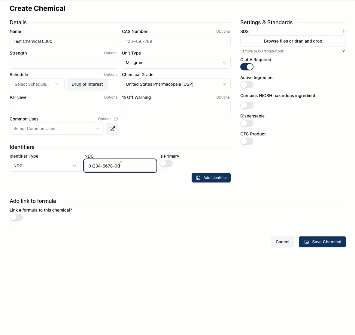 Animation showing chemical identifiers being accepted without errors