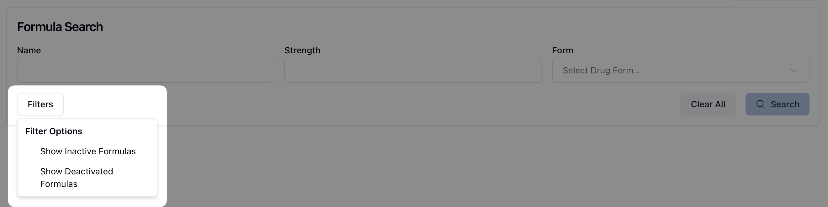 A white Filters button open to display the available Filter Options for the Formula Search section.