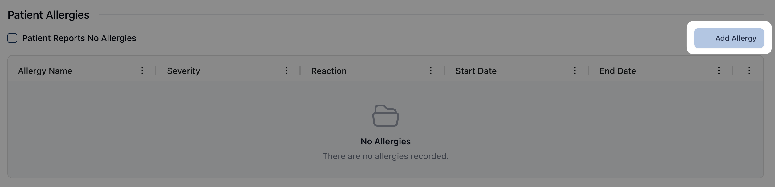A highlighted button in light blue with the text "Add Allergy."