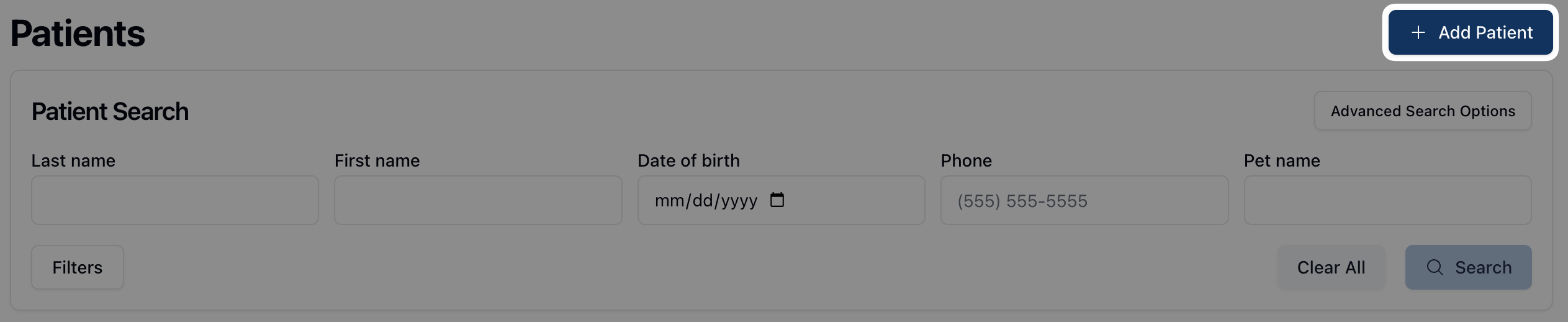 A highlighted blue button with the text "Add Patient."