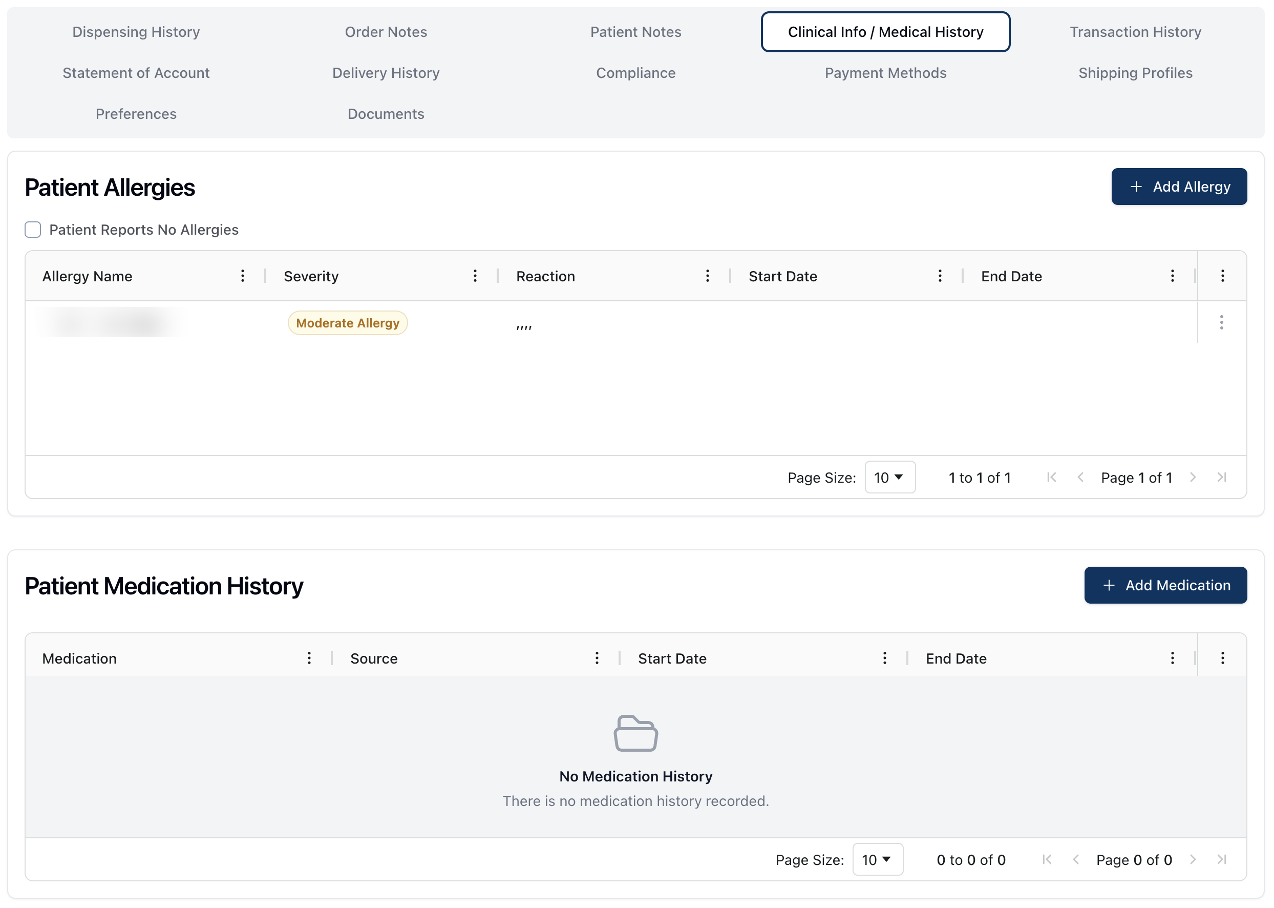 The Clinical Info / Medical History tab, which includes two tables displaying patient allergies and medication history.
