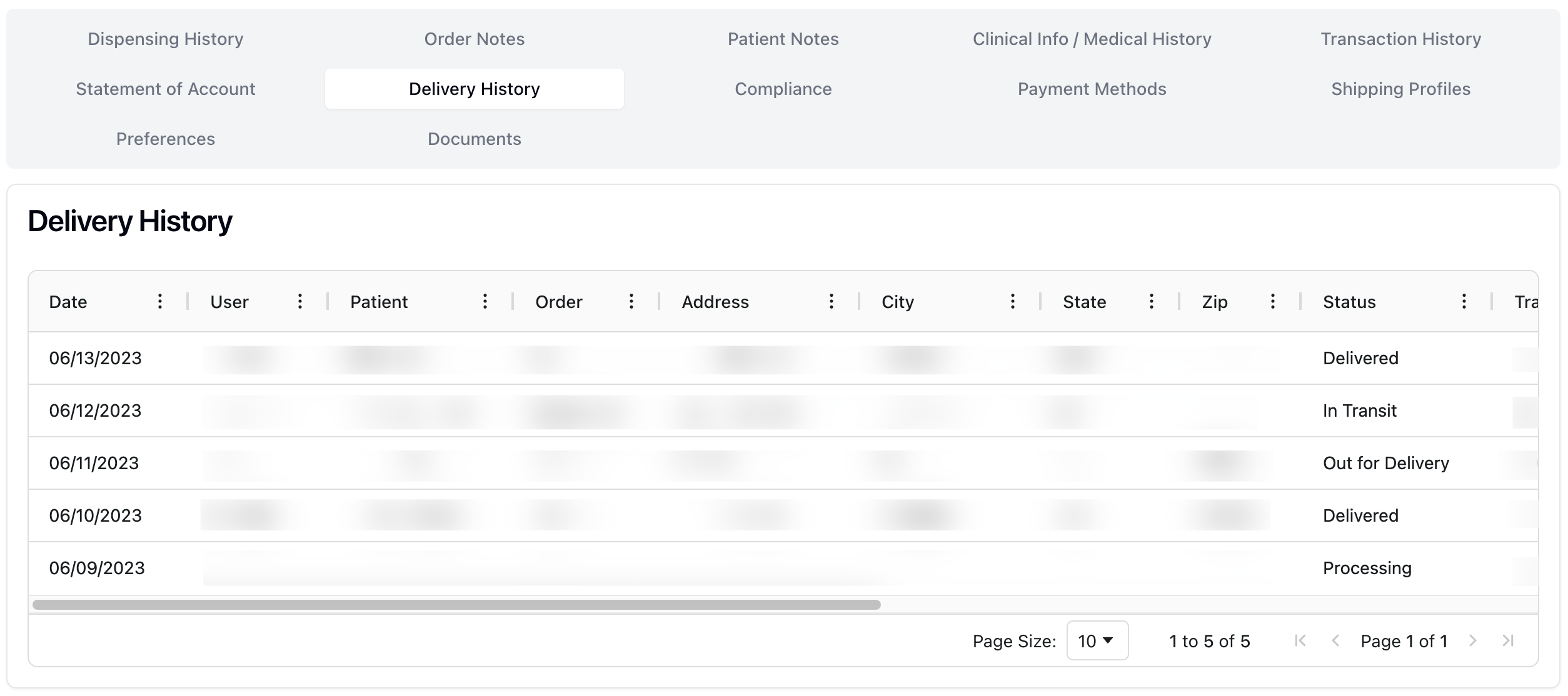 The Delivery History tab, which displays a list of all previously shipped orders in a table format.