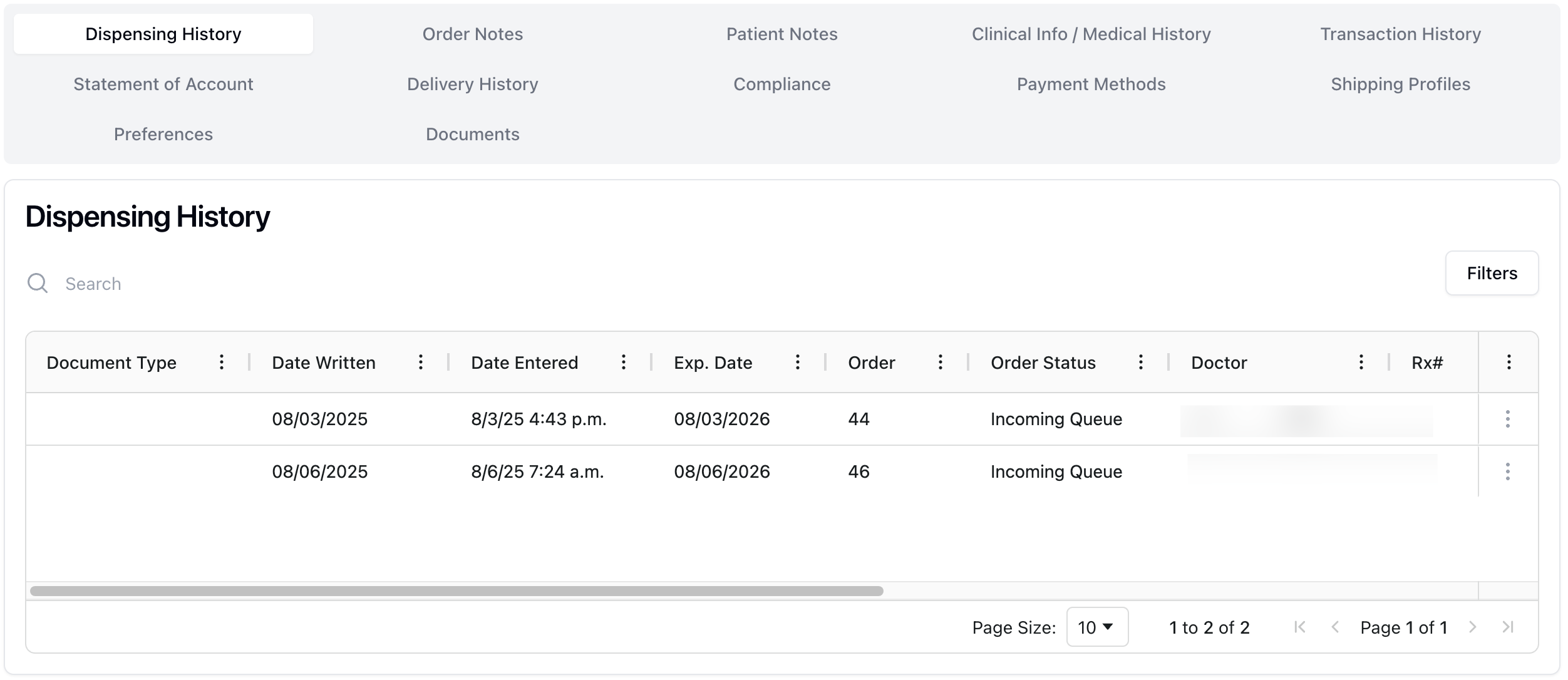 The Dispensing history tab and table, showing the patient's previously dispensed orders.