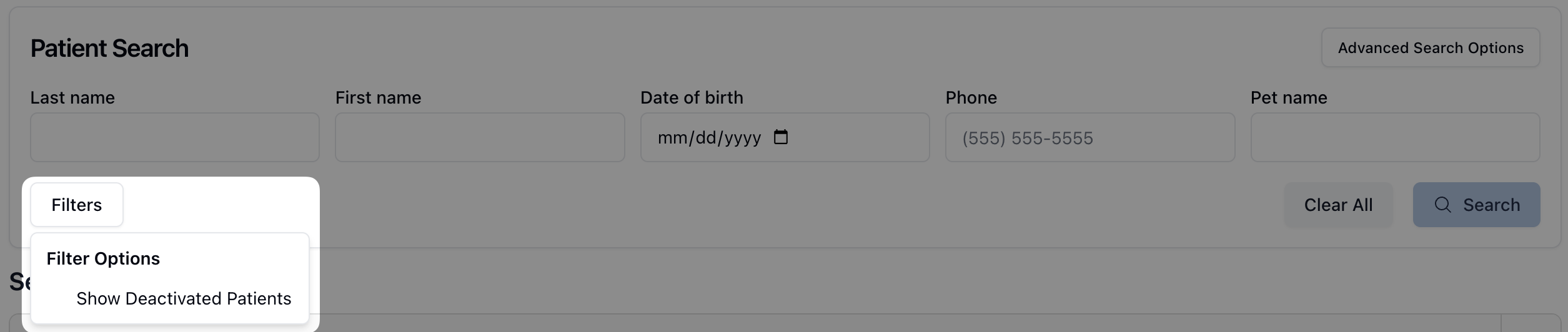 The Patient Search section with the Filters button open and available options displayed.