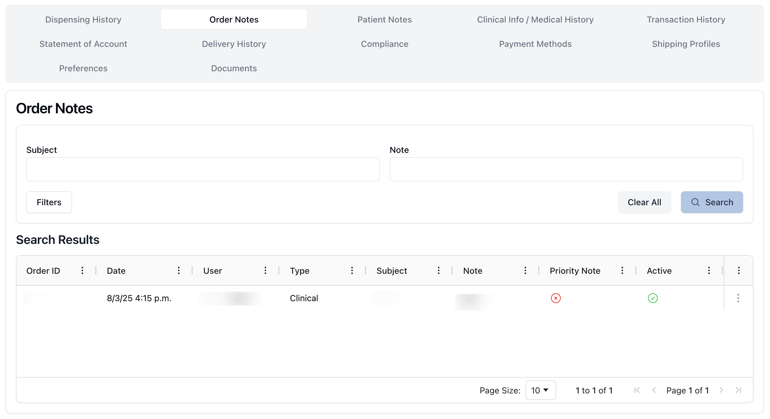 The Order Notes tab, displaying a history of notes related to the patient's record.