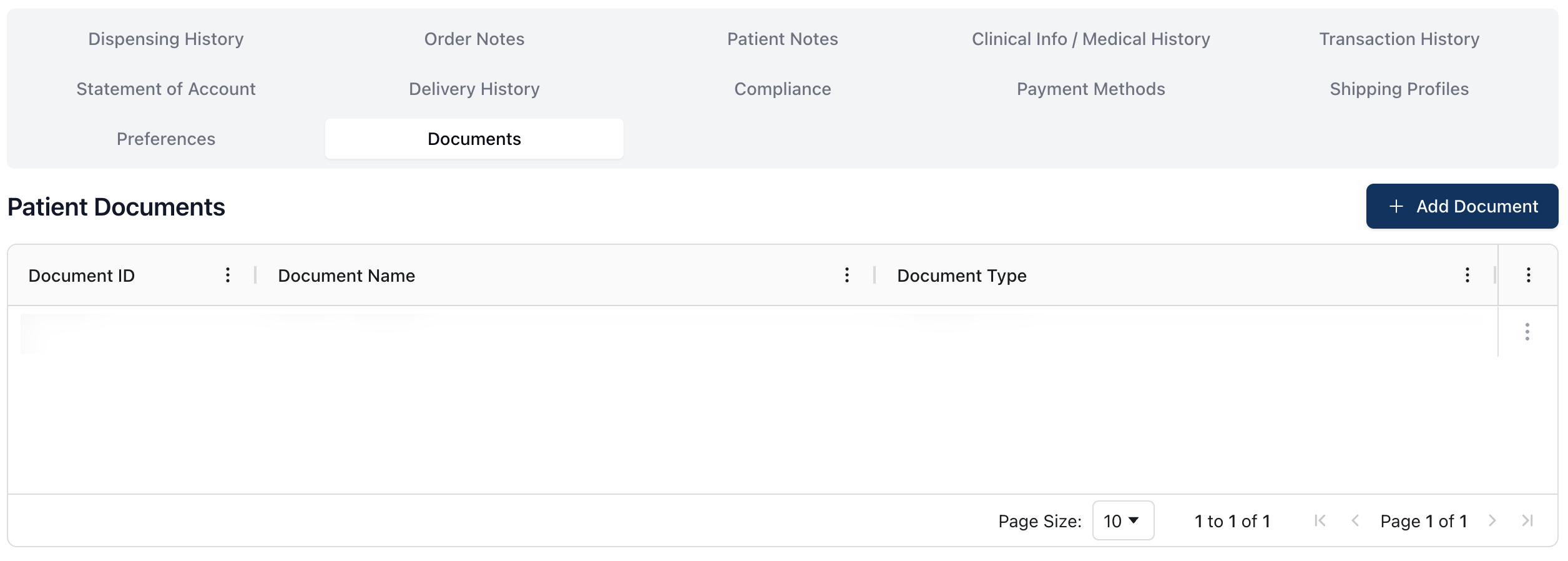 The Documents tab, which displays a list of all relevant patient documents in the related table.
