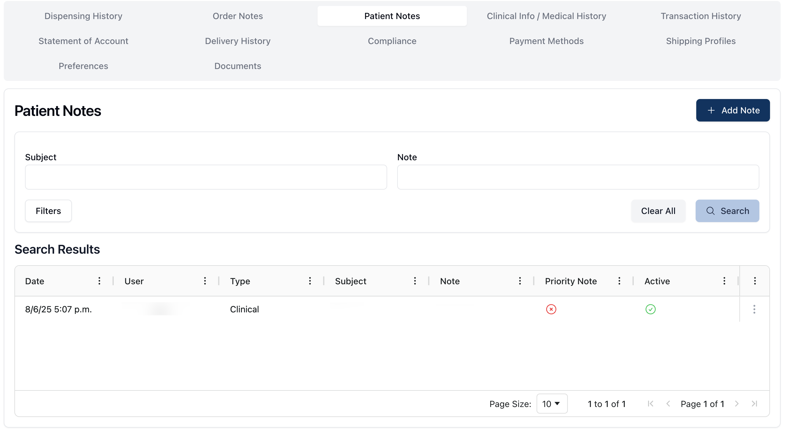The Patient Notes tab, including a history of notes related to the patient's record.