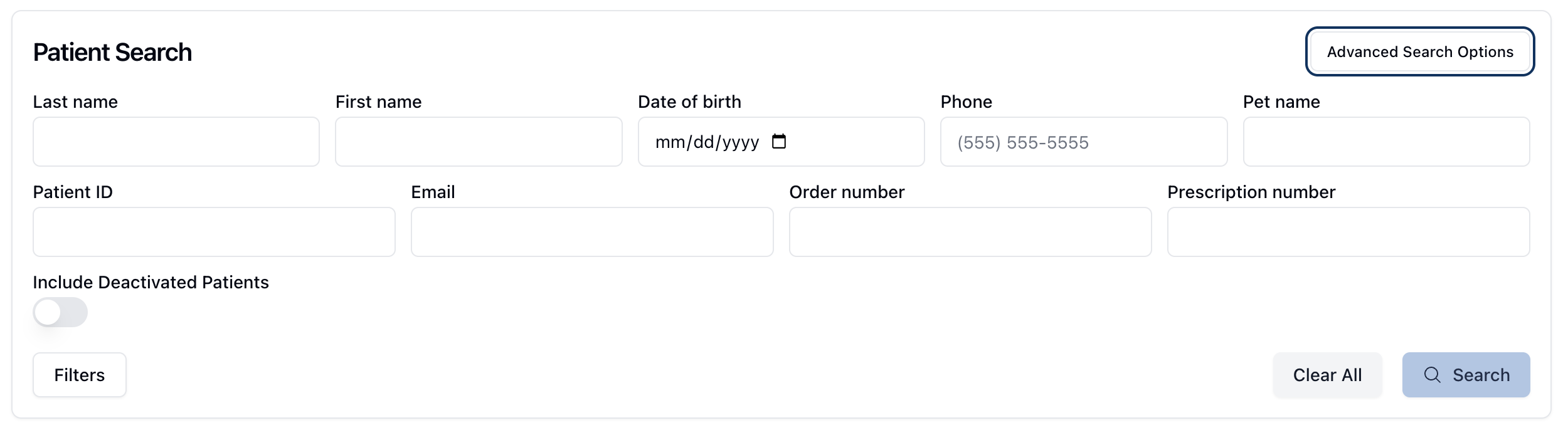 The Patient Search section with the Advanced Search Options fields displayed.