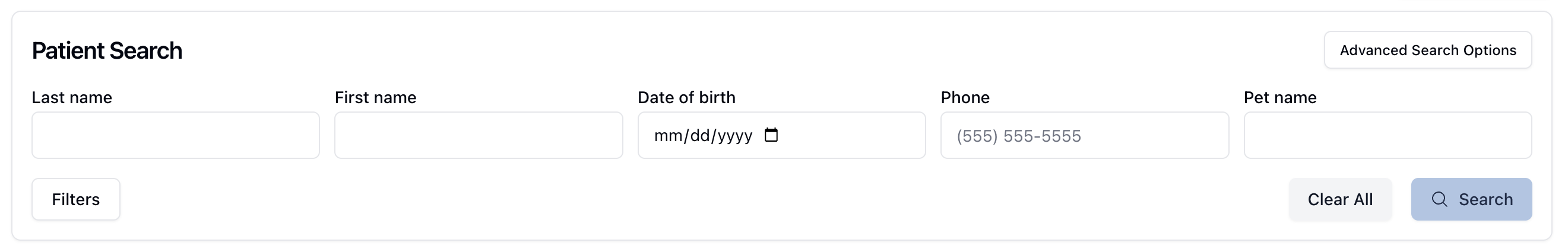 Patient Search section displaying basic search fields.