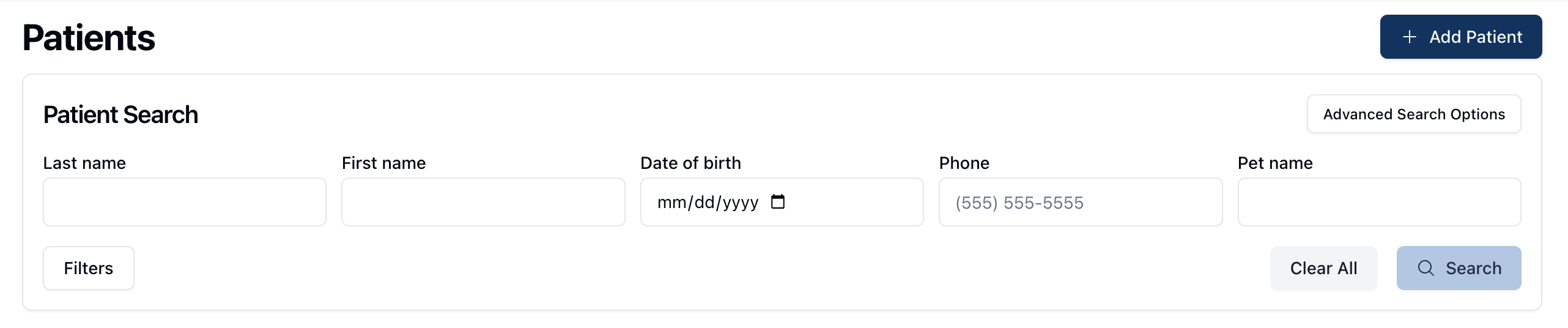 Patient Search section with basic search fields and a blue Search button.