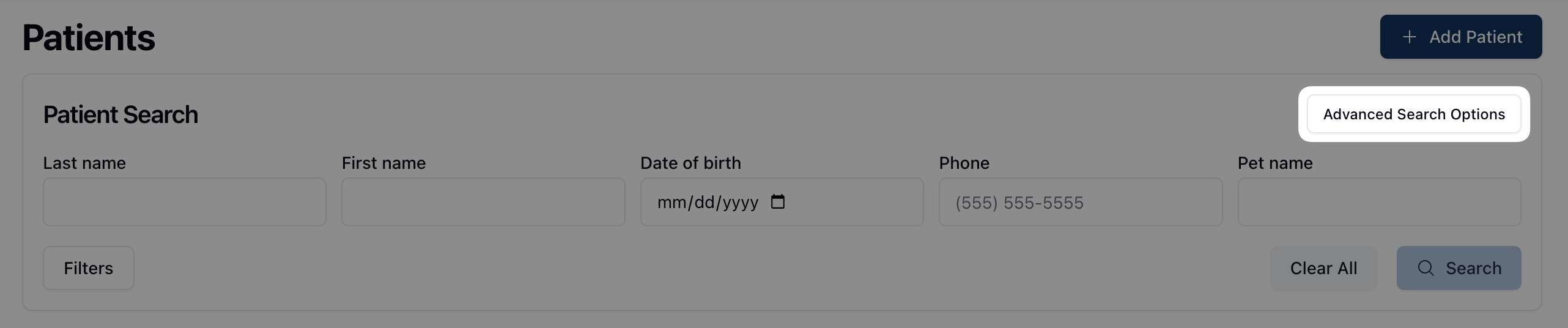 The Advanced Search Options button highlighted in the Patient Search section.
