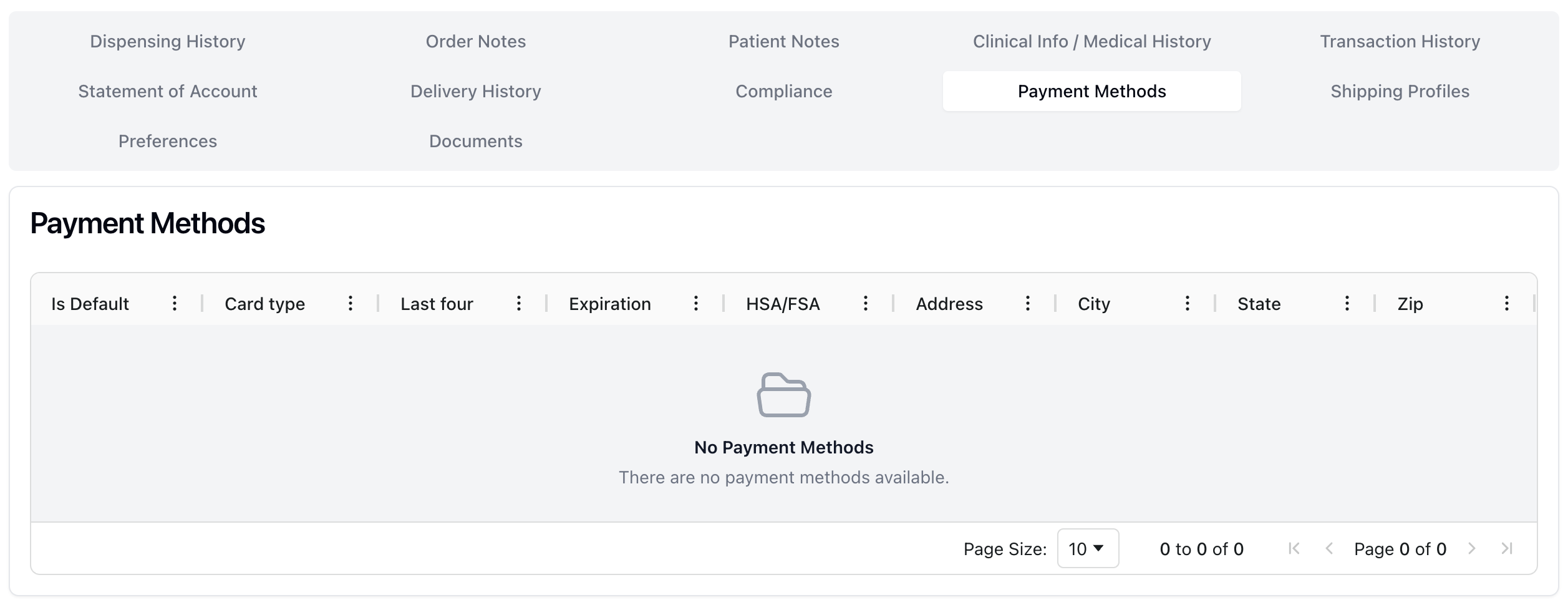 The Payment Methods tab, which displays any payment methods stored for the patient.