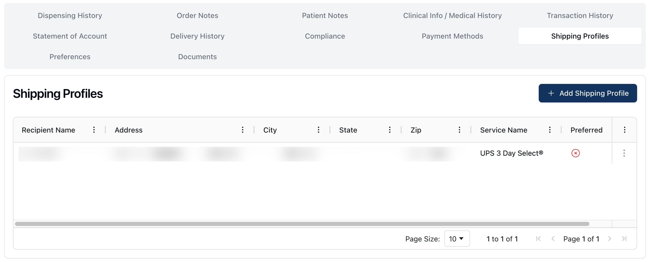 The Shipping Profiles tab, which includes a table displaying each stored shipping method for the patient.